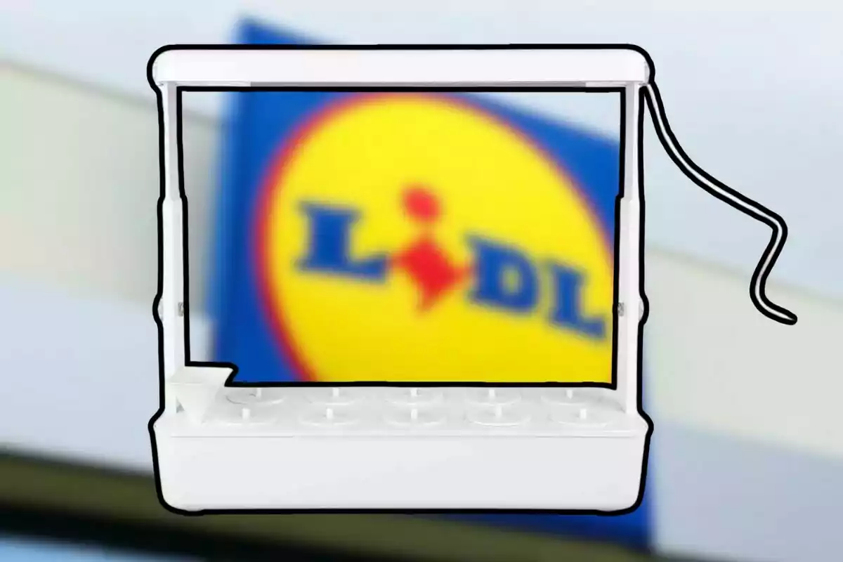 Un dispositiu de jardineria hidroponica amb el logotip de Lidl al fons. Un dispositiu de jardineria hidroponica amb el logotip de Lidl al fons.