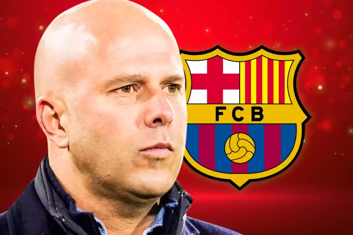 Bald man in a dark jacket in front of the FC Barcelona crest on a red background.