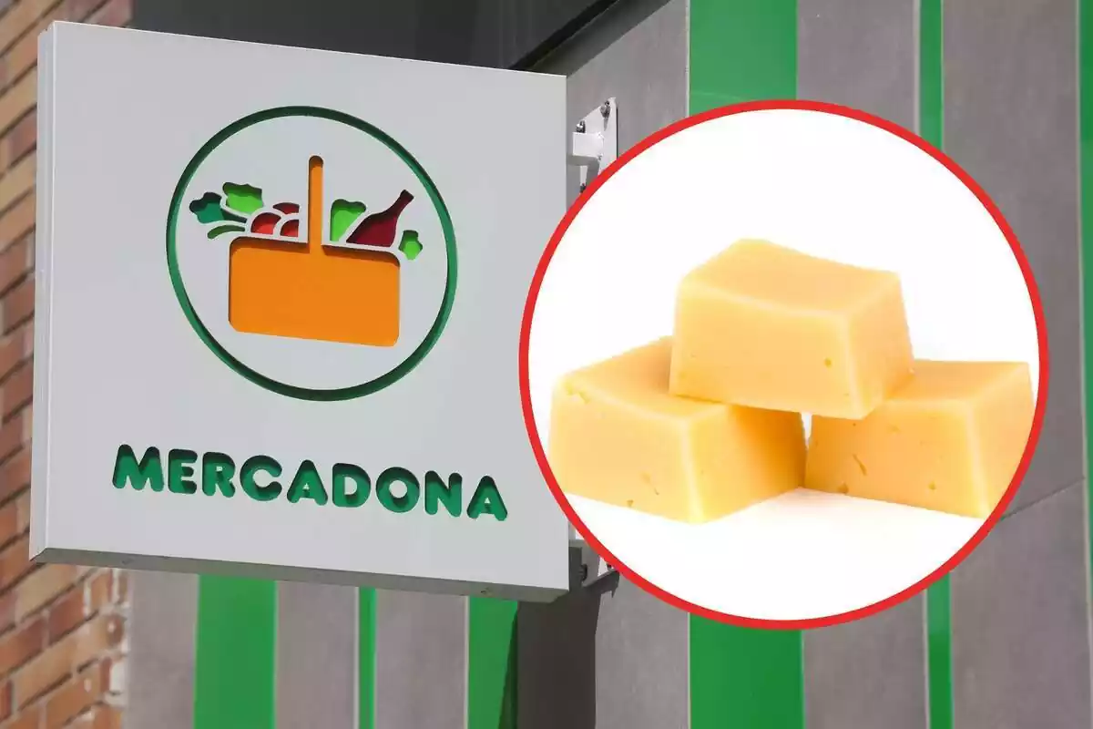 Muntatge amb un logotip de Mercadona i un aperitiu de formatge