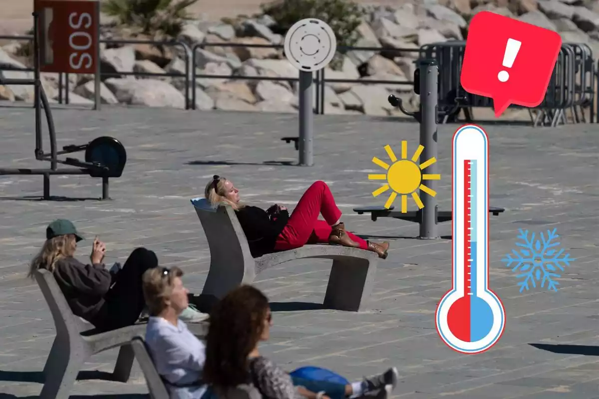 Imatge de fons d'unes persones tombades sota el sol en un passeig al costat d'unes emoticones d'un termòmetre que marca fred i calor i una exclamació