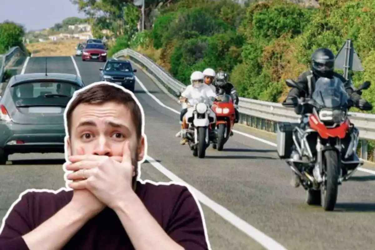 Imatge de fons de diversos vehicles circulant per una carretera en tots dos sentits i una imatge en primer pla d'un home amb gest sorprès