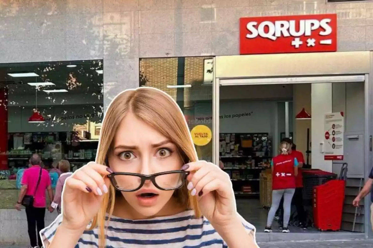 Imatge de fons d'un supermercat Sqrups amb una altra imatge d'una dona amb gest sorprès