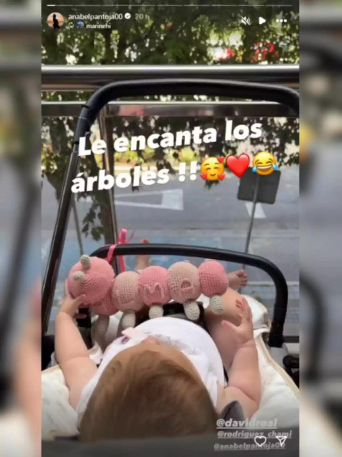 Bebè estirat en un cotxet mirant cap a uns arbres mentre sosté un peluix d’eruga rosa amb el nom Alma Bebè estirat en un cotxet mirant cap a uns arbres mentre sosté un peluix d’eruga rosa amb el nom Alma