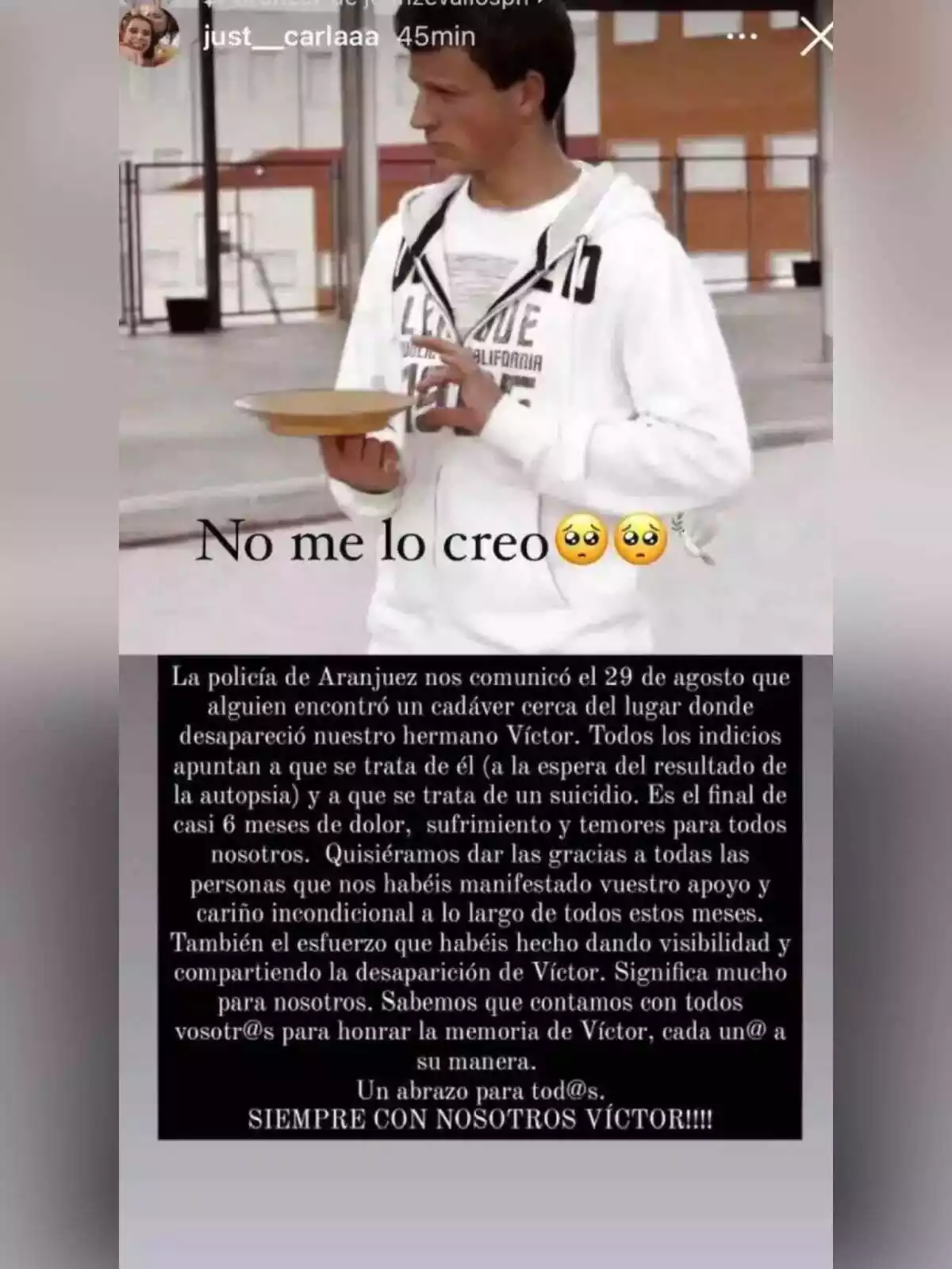 Storie de Carla Vigo lamentant la mort del seu amic Víctor Tapiador a Aranjuez