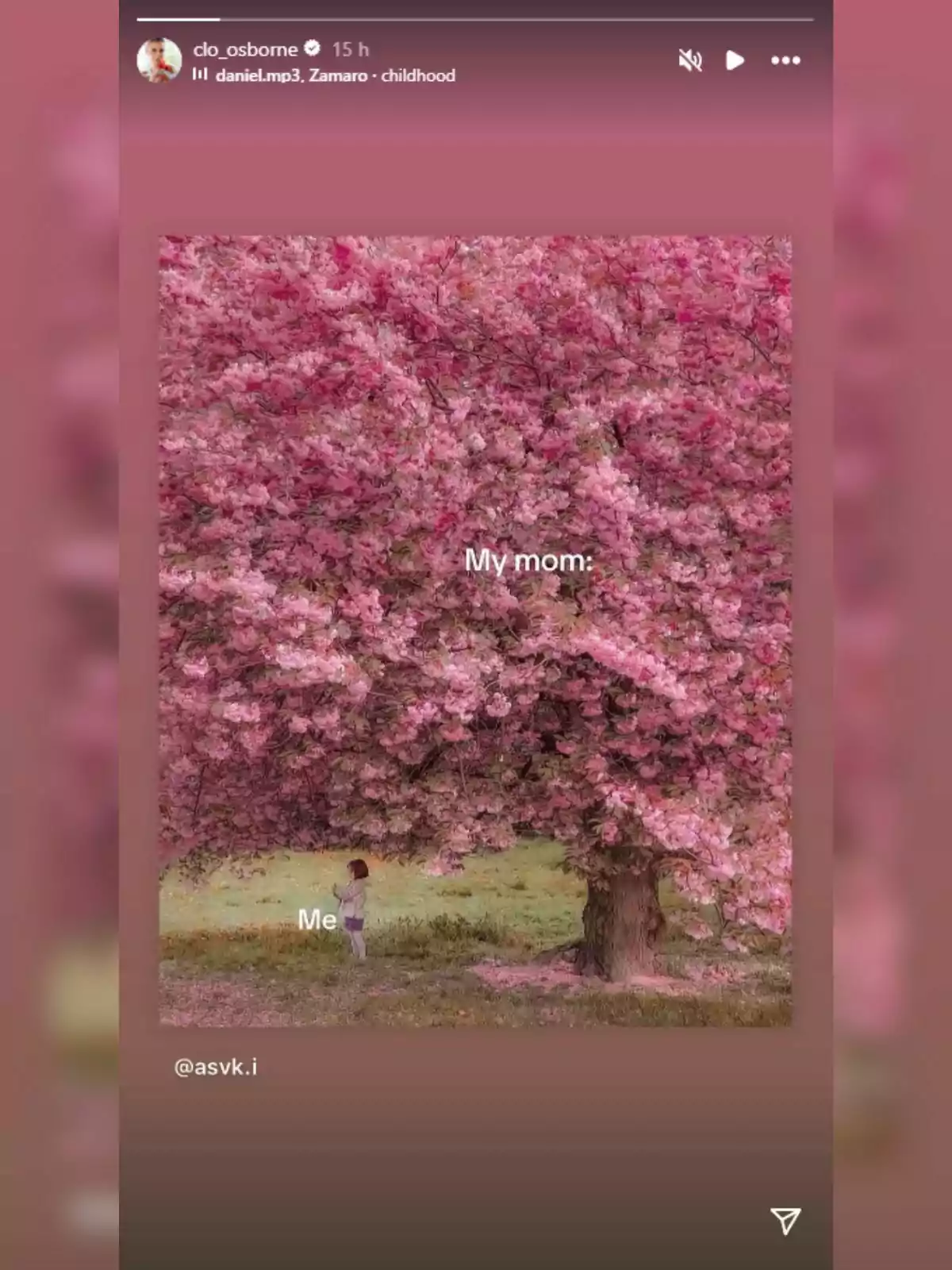 Una nena petita està dreta sota un gran arbre de flors rosades, amb l'etiqueta 