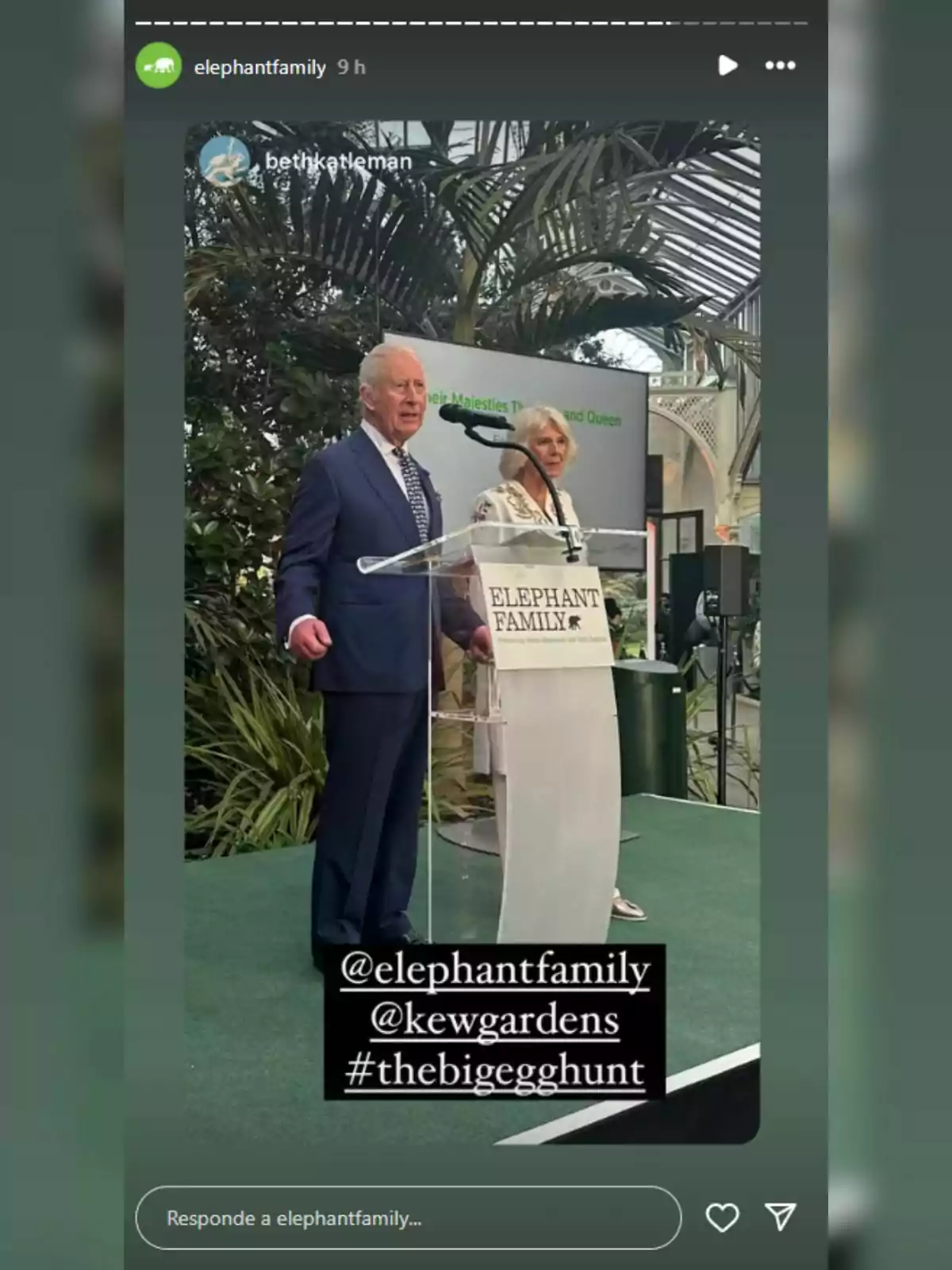 Carles III i la reina Camila estan drets en un escenari amb un faristol que té el logotip de Carles III i la reina Camila estan drets en un escenari amb un faristol que té el logotip de