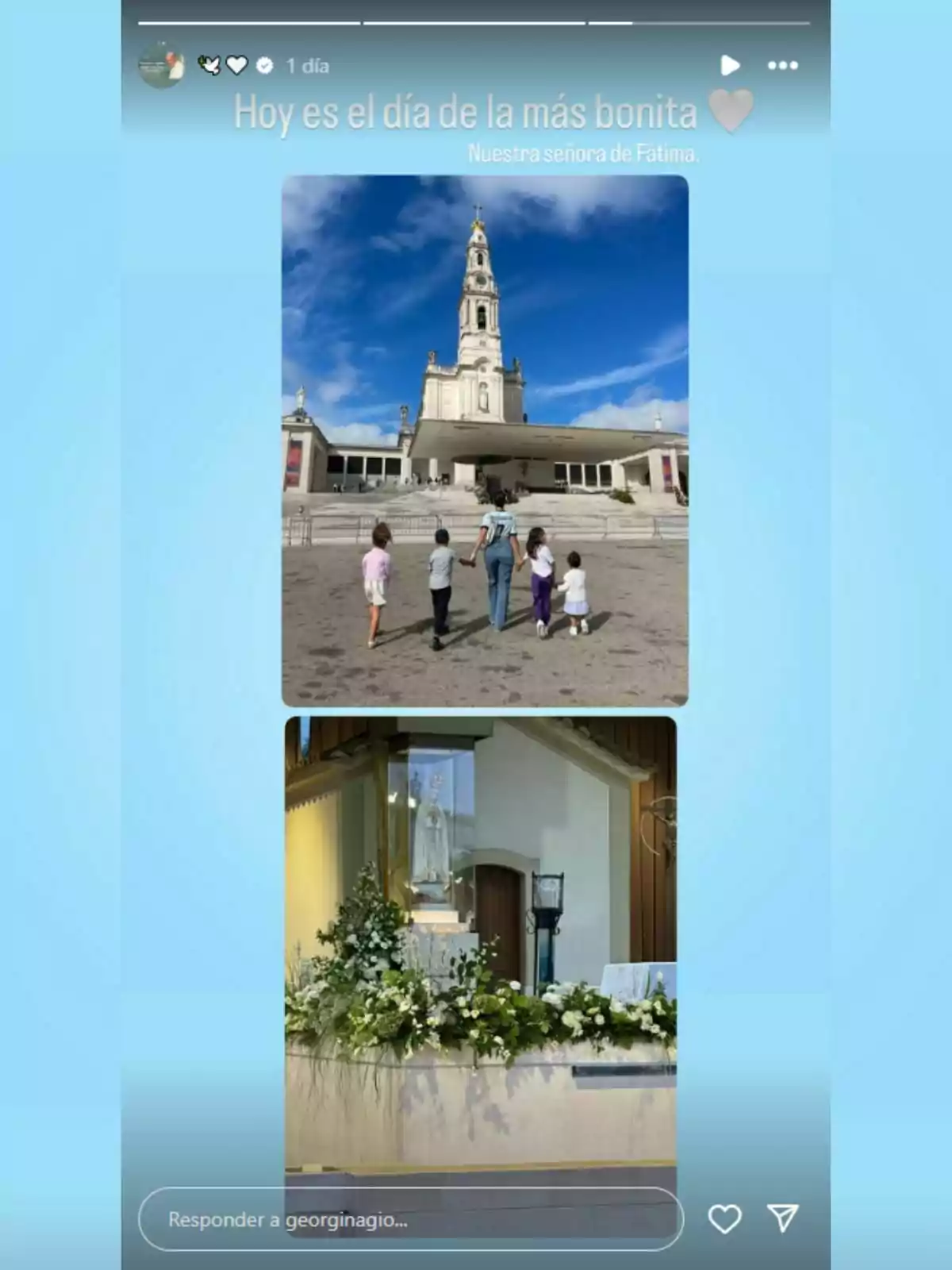 An image shows a group of people walking toward a religious shrine with a tall tower and blue sky, while another image features an altar decorated with white flowers. An image shows a group of people walking toward a religious shrine with a tall tower and blue sky, while another image features an altar decorated with white flowers.