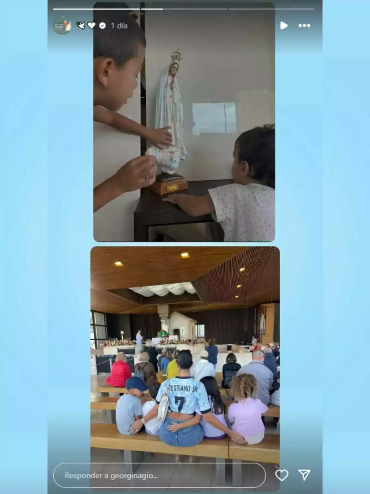 Two children observe a religious statue while a group of people is gathered in a place of worship. Two children observe a religious statue while a group of people is gathered in a place of worship.