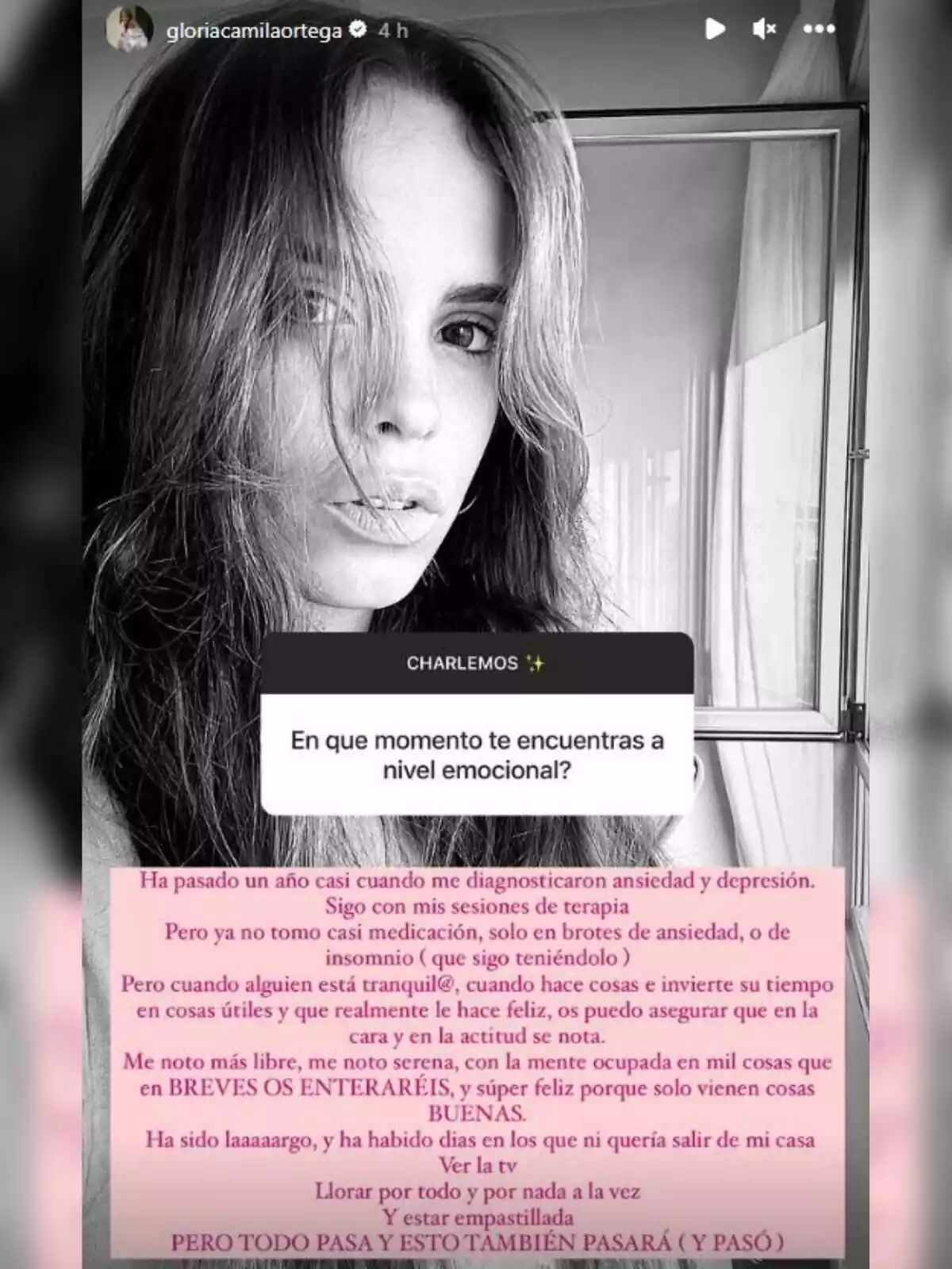 Storie de Gloria Camila parlant del seu estat emocional amb els seguidors d'Instagram