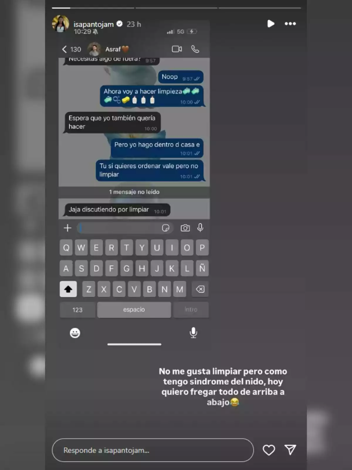 Captura de pantalla d’una conversa de xat sobre netejar la casa, acompanyada d’un missatge que diu que no li agrada netejar però avui en té ganes pel síndrome del niu. Captura de pantalla d’una conversa de xat sobre netejar la casa, acompanyada d’un missatge que diu que no li agrada netejar però avui en té ganes pel síndrome del niu.