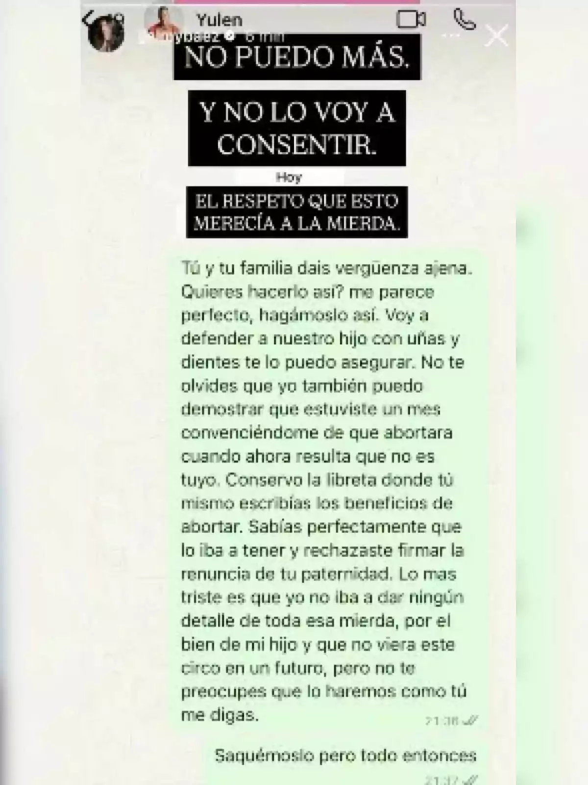 Història d'Instagram de Jeimy Báez mostrant uns missatges cap a Yulen Pereira. Història d'Instagram de Jeimy Báez mostrant uns missatges cap a Yulen Pereira.