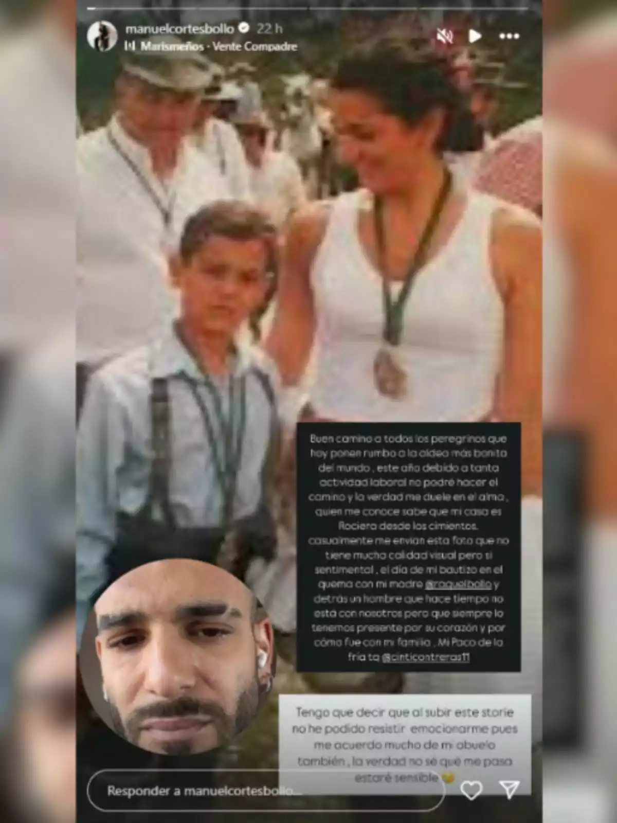 Imatge d’una història d’Instagram on apareix una foto antiga de Manuel Cortés amb Raquel Bollo i un home, amb un text superposat i un requadre amb el seu rostre a la cantonada inferior esquerra, mostrant una expressió emotiva. Imatge d’una història d’Instagram on apareix una foto antiga de Manuel Cortés amb Raquel Bollo i un home, amb un text superposat i un requadre amb el seu rostre a la cantonada inferior esquerra, mostrant una expressió emotiva.