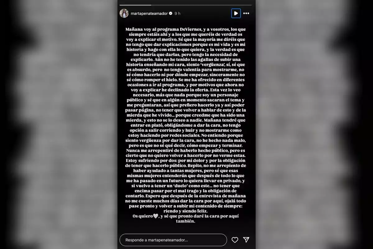 Instagram story with a black background and white text where a person explains their reasons for participating in a television show, expresses their feelings of shame and pain, and mentions the importance of sharing their story publicly in order to move forward and help others. Instagram story with a black background and white text where a person explains their reasons for participating in a television show, expresses their feelings of shame and pain, and mentions the importance of sharing their story publicly in order to move forward and help others.