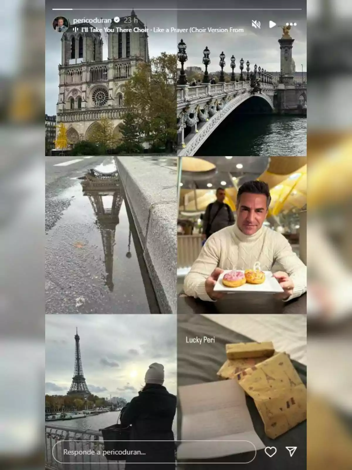 Un collage de fotos mostra una catedral gòtica, un pont sobre un riu, un reflex en un toll, Lara Álvarez amb gorra mirant la Torre Eiffel, Perico Durán sostenint un plat amb dones i uns regals embolicats.