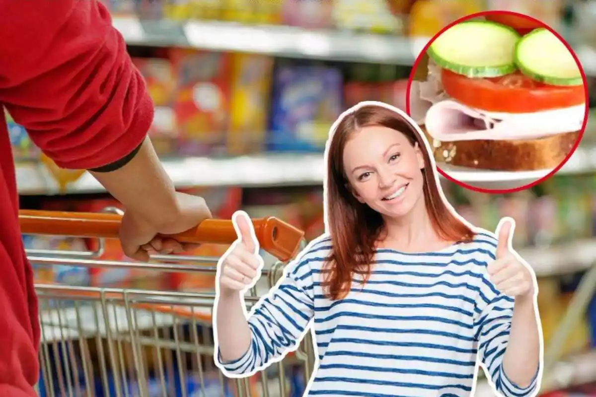 Imatge de fons d'una persona amb un carro de la compra a un supermercat, una altra imatge d'un sandvitx amb gall dindi, tomàquet cogombre i formatge i una altra imatge d'una dona amb gest d'aprovació
