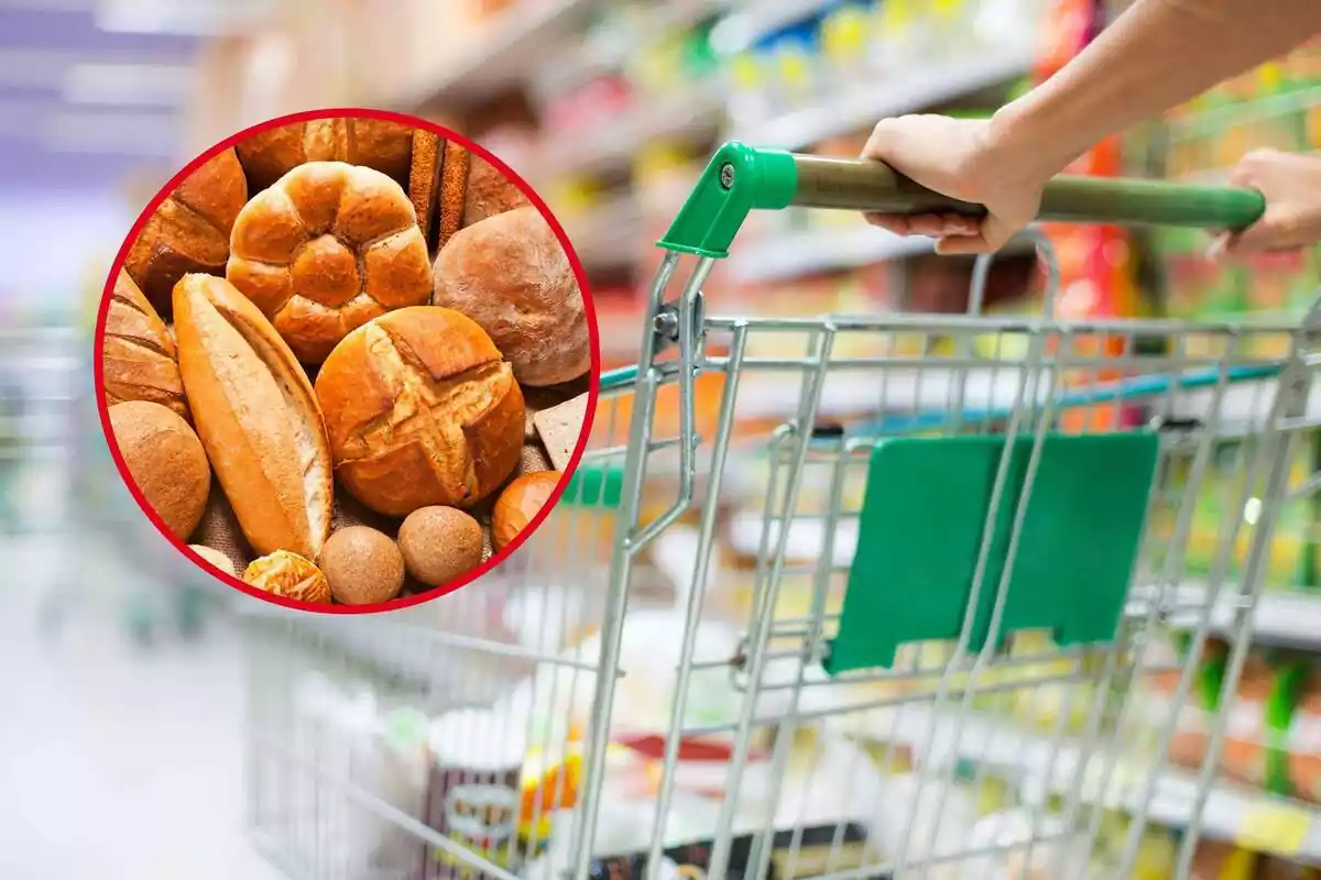Muntatge d´un carret de supermercat i una rodona amb diferents varietats de pa