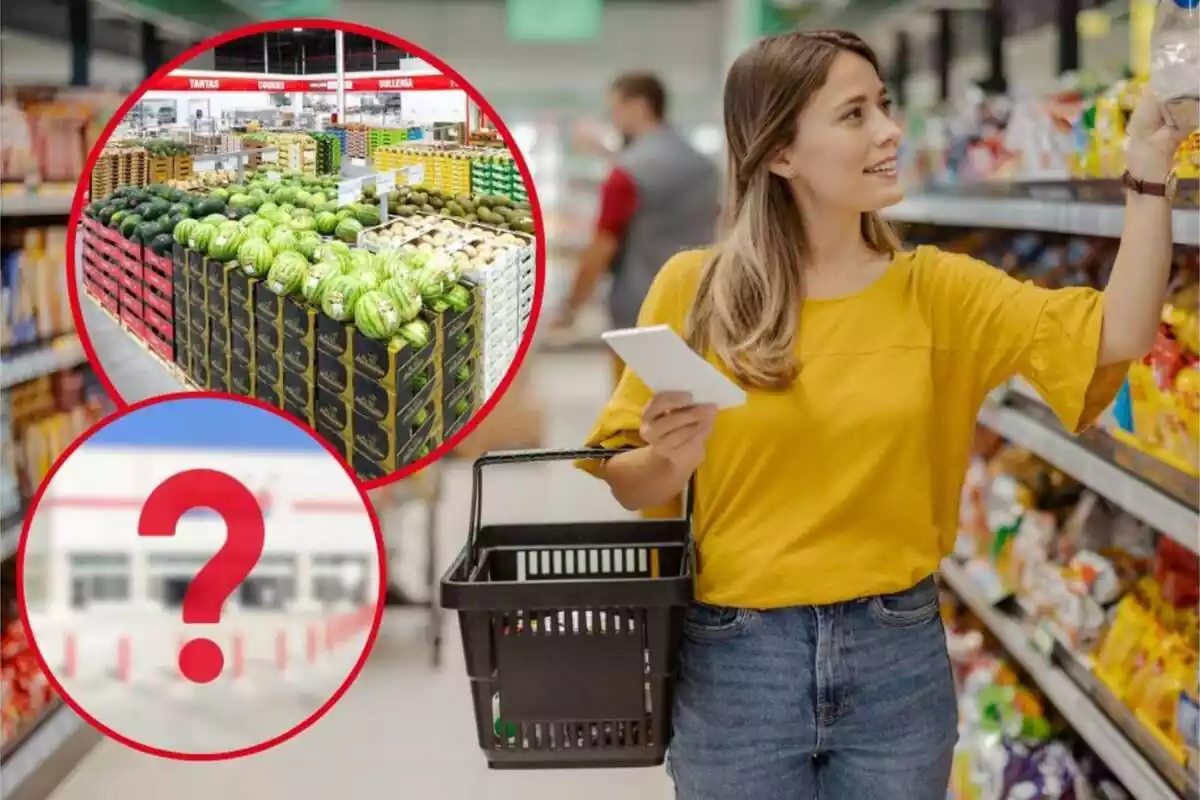 Imatge de fons d'una persona comprant en un supermercat, al costat d'una altra del supermercat Costco per dins, a la secció de fruita i una altra amb una imatge d'una façana de Costco desenfocada