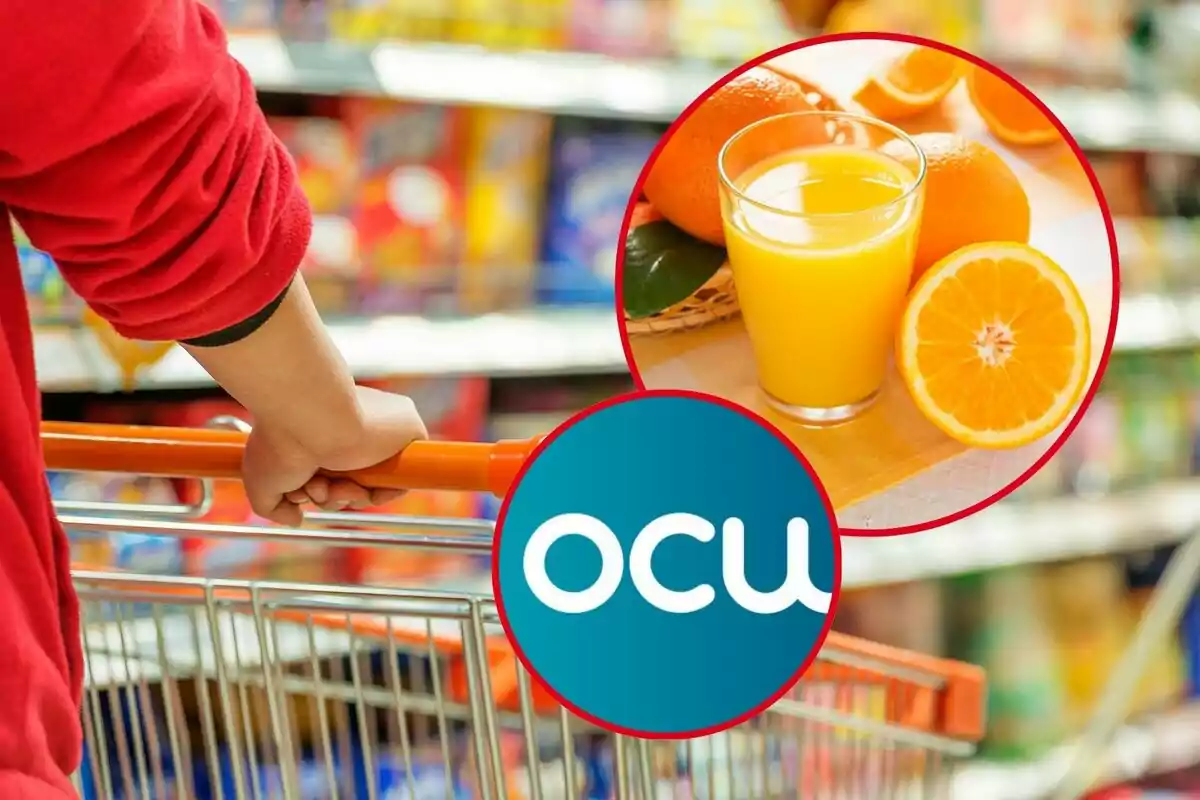 Persona empenyent un carretó de compres en un supermercat amb un cercle que mostra un got de suc de taronja i una taronja partida per la meitat al costat del logotip d'OCU. Persona empenyent un carretó de compres en un supermercat amb un cercle que mostra un got de suc de taronja i una taronja partida per la meitat al costat del logotip d'OCU.