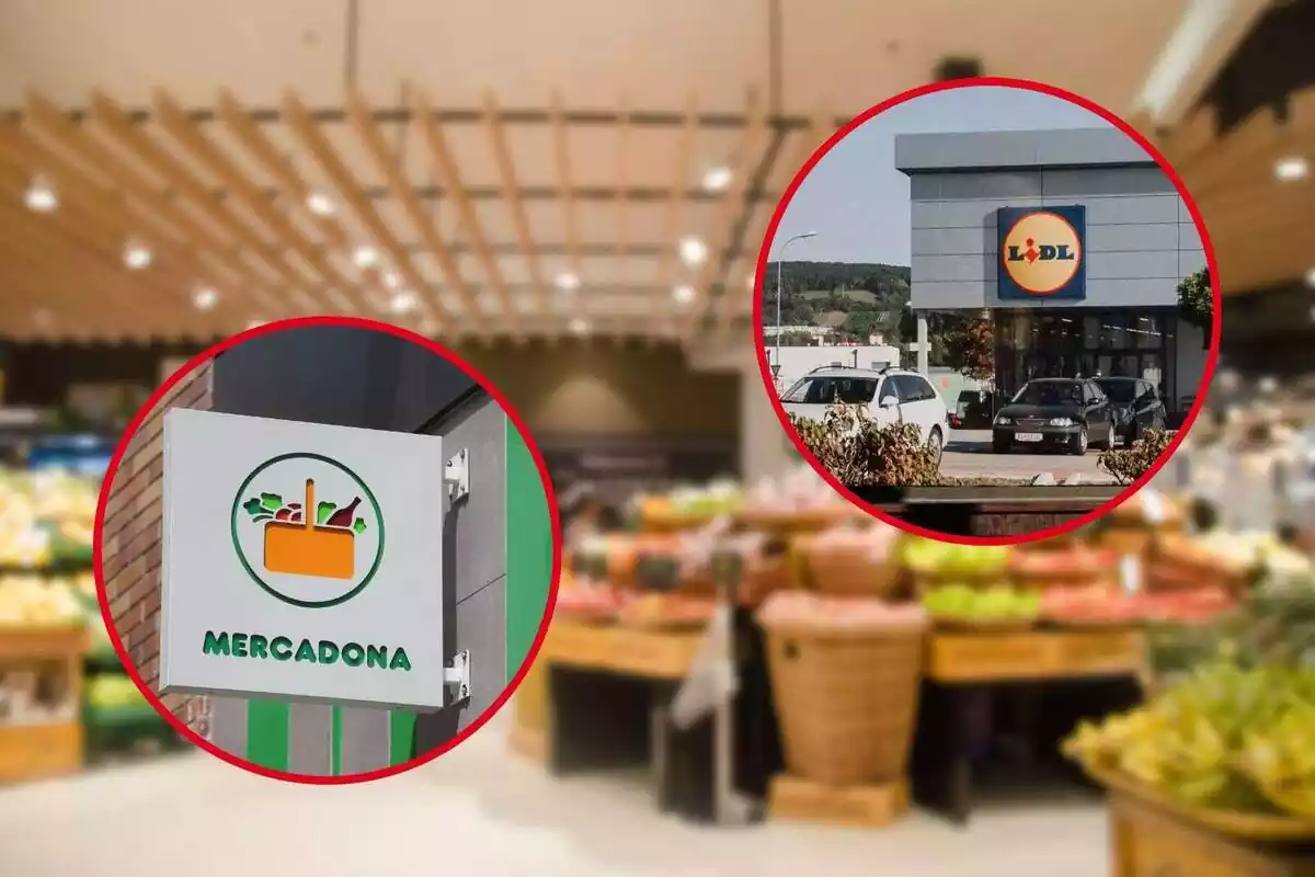 Muntatge amb la imatge de fons d´un supermercat i dues fotos de Lidl i Mercadona