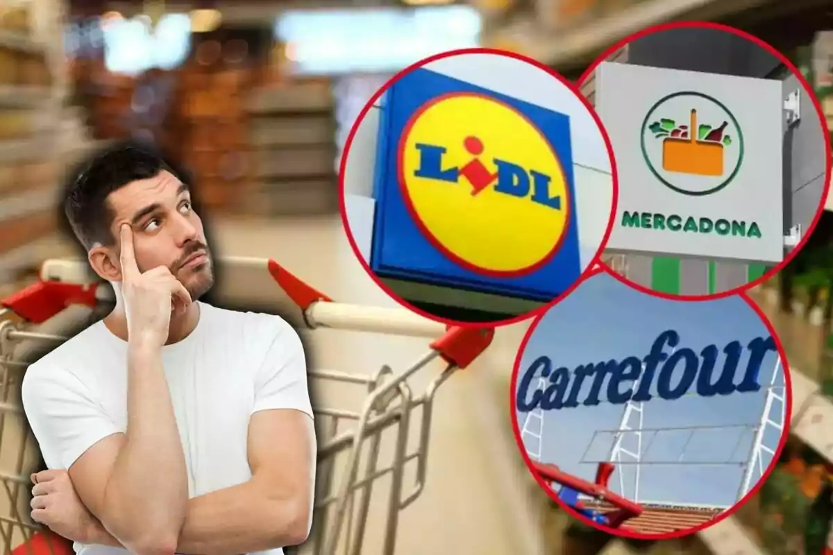 Un home pensatiu amb un carretó de compres en un supermercat, amb els logotips de Lidl, Mercadona i Carrefour en cercles vermells.