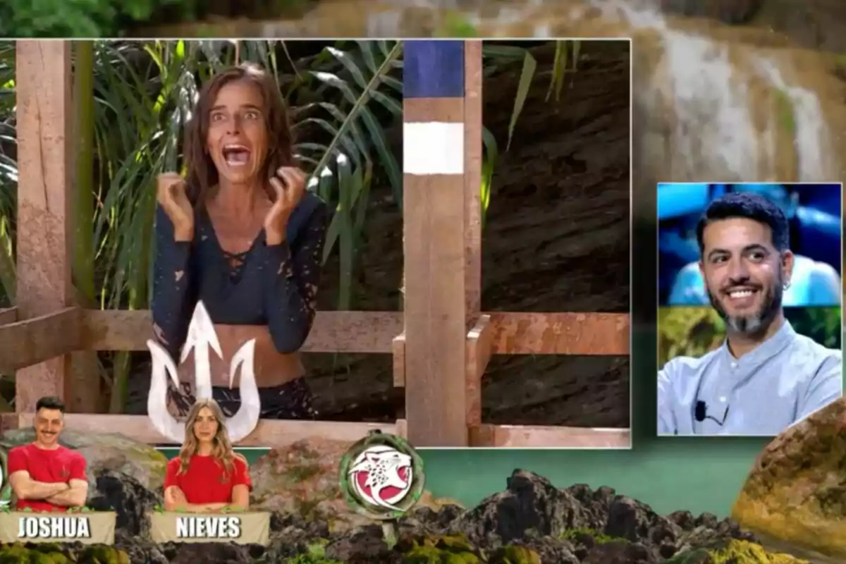 Carmen Alcayde mostra una expressió de sorpresa i emoció en un entorn natural, mentre en un requadre a la dreta es veu en Charli somrient; a la part inferior, apareixen dues persones amb noms a sota d'elles. Captura de 'Supervivientes' Carmen Alcayde mostra una expressió de sorpresa i emoció en un entorn natural, mentre en un requadre a la dreta es veu en Charli somrient; a la part inferior, apareixen dues persones amb noms a sota d'elles. Captura de 'Supervivientes'