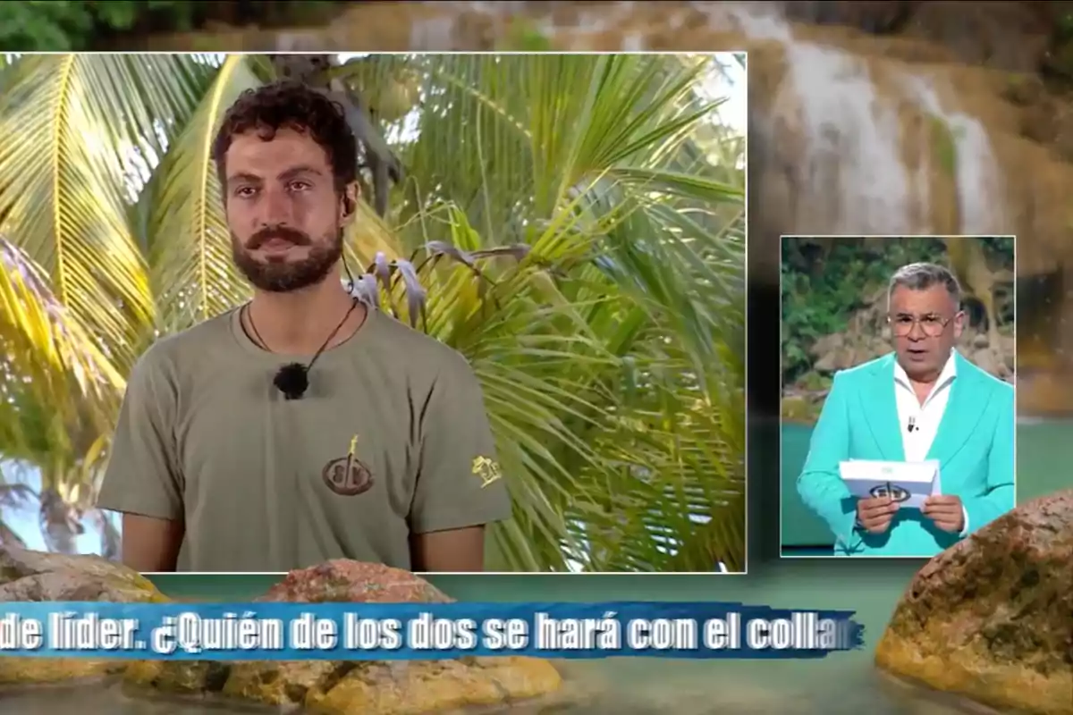 Joshua Velázquez amb samarreta verda està dret davant de palmeres, mentre Jorge Javier Vázquez amb vestit turquesa sosté papers en un estudi; a la part inferior hi ha un text sobre un collaret de líder. Captura de 'Supervivientes'. Joshua Velázquez amb samarreta verda està dret davant de palmeres, mentre Jorge Javier Vázquez amb vestit turquesa sosté papers en un estudi; a la part inferior hi ha un text sobre un collaret de líder. Captura de 'Supervivientes'.