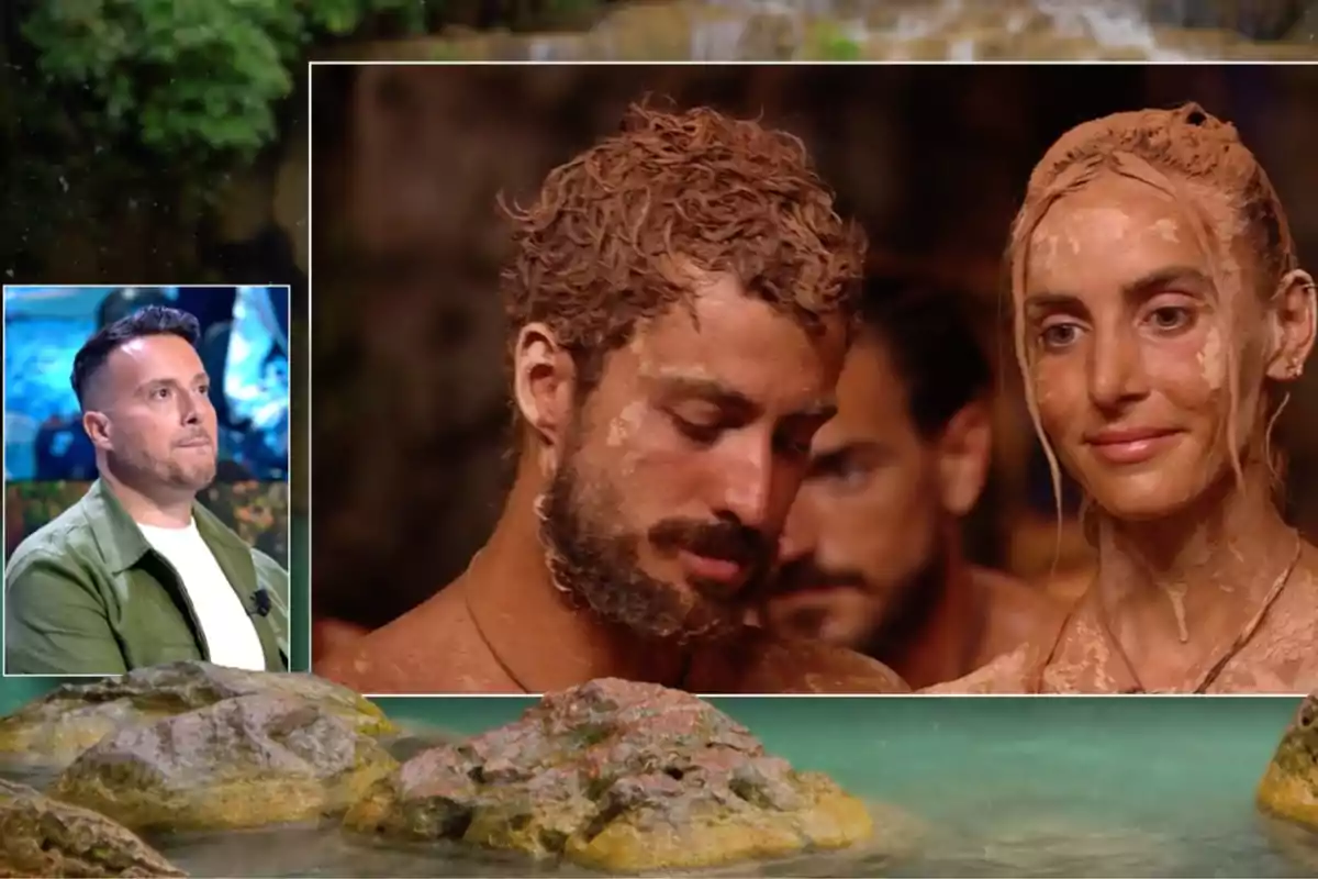 Un grup de persones cobertes de fang apareix en una escena d'un programa de televisió, mentre un home en un requadre petit observa amb expressió seriosa. Captura de 'Supervivientes'. Un grup de persones cobertes de fang apareix en una escena d'un programa de televisió, mentre un home en un requadre petit observa amb expressió seriosa. Captura de 'Supervivientes'.