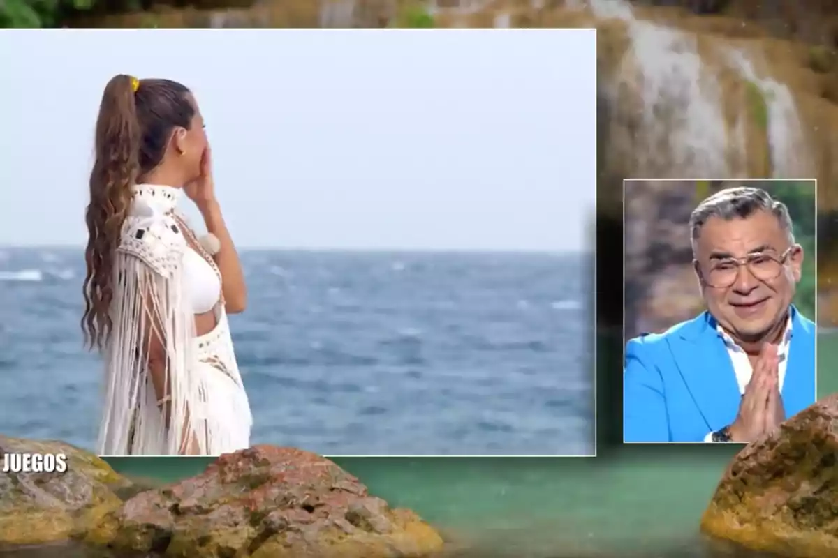 Laura Madrueño amb els cabells recollits mira cap al mar mentre Jorge Javier Vázquez amb jaqueta blava apareix en una petita caixa a la dreta, mostrant una expressió emotiva. Captura de 'Supervivientes' Laura Madrueño amb els cabells recollits mira cap al mar mentre Jorge Javier Vázquez amb jaqueta blava apareix en una petita caixa a la dreta, mostrant una expressió emotiva. Captura de 'Supervivientes'