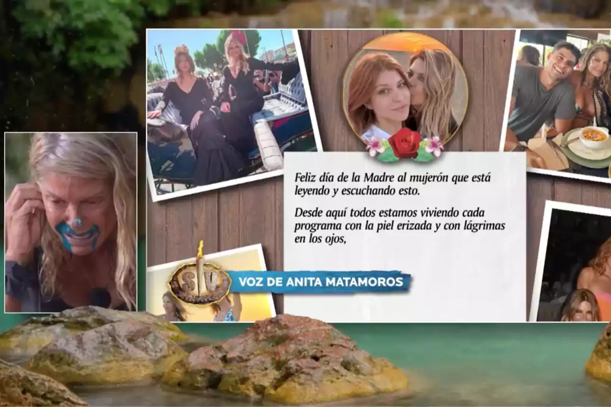 Makoke amb pintura blava a la cara apareix plorant en una imatge, juntament amb diverses fotos de moments feliços amb altres persones, acompanyades d'un missatge de felicitació pel Dia de la Mare. Captura de 'Supervivientes'. Makoke amb pintura blava a la cara apareix plorant en una imatge, juntament amb diverses fotos de moments feliços amb altres persones, acompanyades d'un missatge de felicitació pel Dia de la Mare. Captura de 'Supervivientes'.