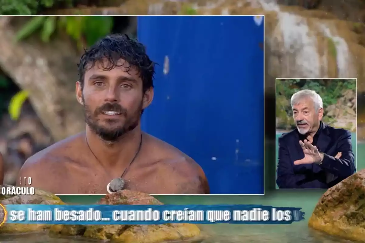 Manuel González amb el cabell mullat apareix en un entorn natural, mentre que en un requadre petit a la dreta, Carlos Sobera gesticula amb les mans. A la part inferior de la imatge, hi ha un text parcialment visible. Captura de 'Supervivientes'. Manuel González amb el cabell mullat apareix en un entorn natural, mentre que en un requadre petit a la dreta, Carlos Sobera gesticula amb les mans. A la part inferior de la imatge, hi ha un text parcialment visible. Captura de 'Supervivientes'.