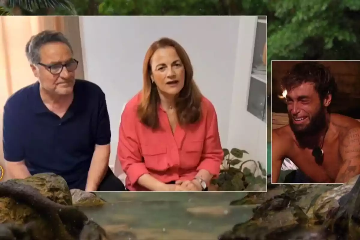 Una parella gran apareix asseguda en una habitació mentre una dona parla a la càmera i en una finestra petita a la dreta es mostra Montoya plorant emocionat. Captura de 'Supervivientes' Una parella gran apareix asseguda en una habitació mentre una dona parla a la càmera i en una finestra petita a la dreta es mostra Montoya plorant emocionat. Captura de 'Supervivientes'