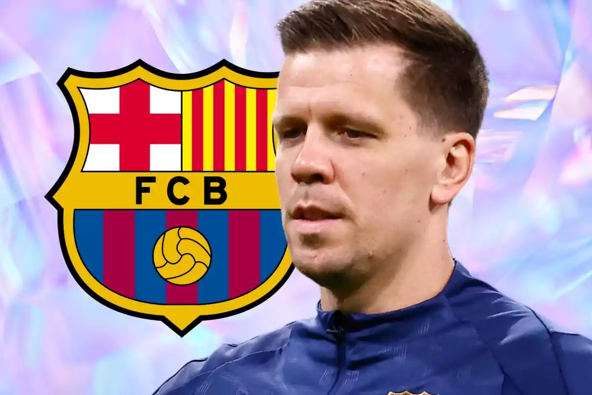 A soccer player with the FC Barcelona crest in the background.
