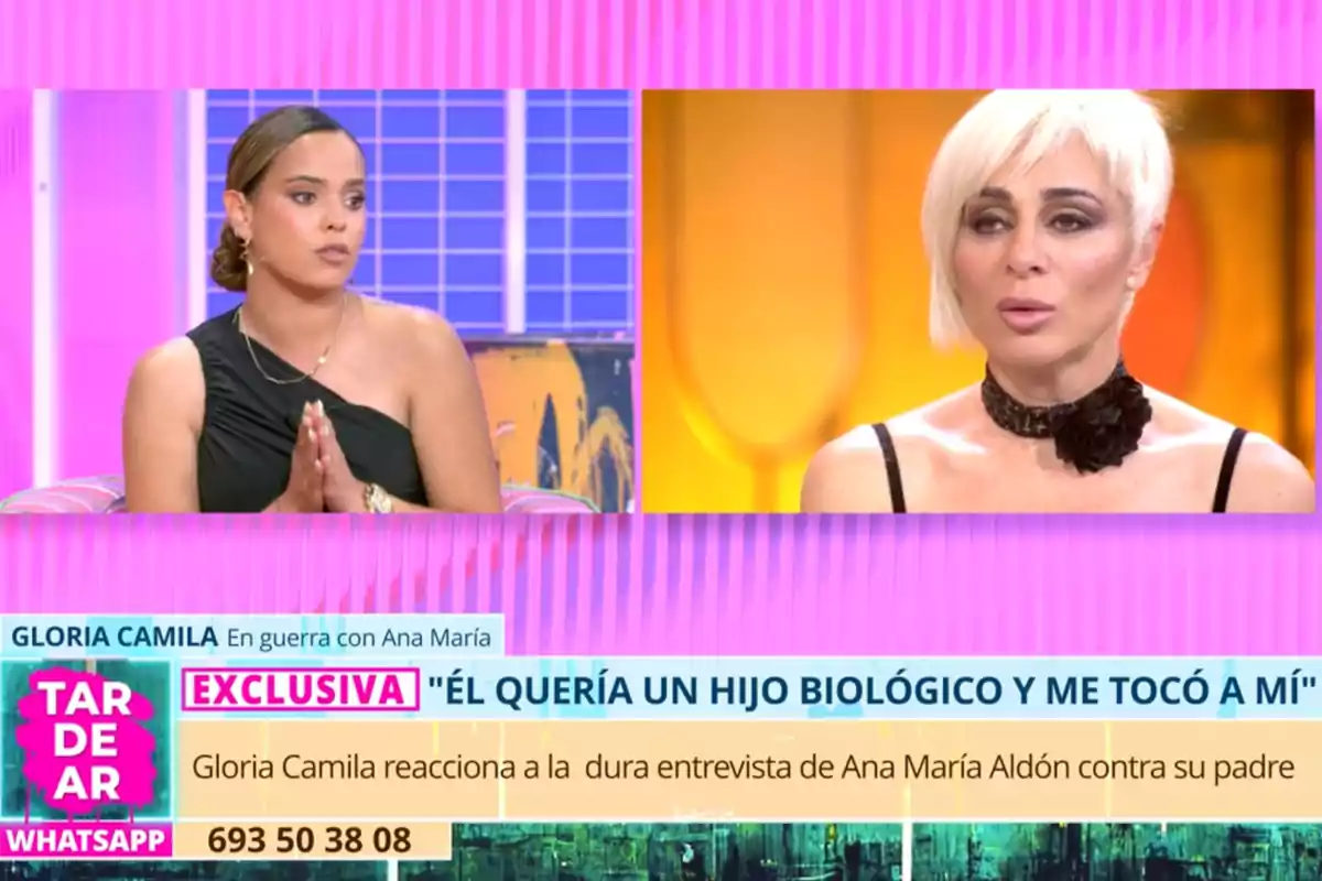 Gloria Camila i Ana María Aldón en un programa de televisió discuteixen sobre una entrevista recent, amb un fons acolorit i un text que destaca una declaració exclusiva. Captura de 'TardeAR'. Gloria Camila i Ana María Aldón en un programa de televisió discuteixen sobre una entrevista recent, amb un fons acolorit i un text que destaca una declaració exclusiva. Captura de 'TardeAR'.