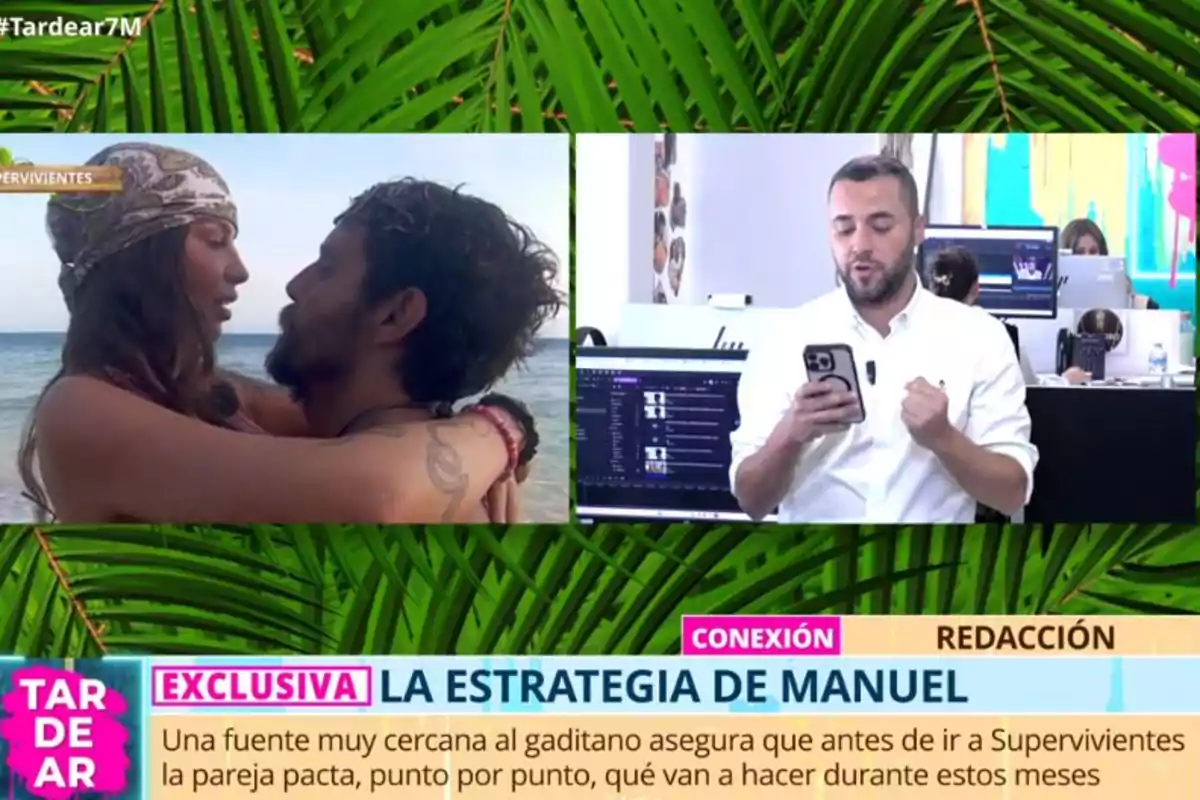 Una imatge dividida mostra a Gabriella i Manuel González abraçant-se a la platja a l'esquerra i a un home amb camisa blanca llegint alguna cosa al seu telèfon en una oficina a la dreta. A la part inferior, un text destaca una exclusiva sobre l'estratègia de Manuel en un programa de televisió. Captura de 'TardeAR'. Una imatge dividida mostra a Gabriella i Manuel González abraçant-se a la platja a l'esquerra i a un home amb camisa blanca llegint alguna cosa al seu telèfon en una oficina a la dreta. A la part inferior, un text destaca una exclusiva sobre l'estratègia de Manuel en un programa de televisió. Captura de 'TardeAR'.