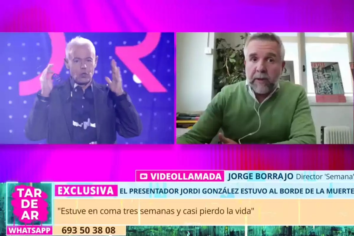 Jordi González i Jorge Borrajo en una videotrucada durant un programa de televisió amb gràfics en pantalla que destaquen una exclusiva sobre un presentador que va estar en coma. Captura de 'TardeAR'. Jordi González i Jorge Borrajo en una videotrucada durant un programa de televisió amb gràfics en pantalla que destaquen una exclusiva sobre un presentador que va estar en coma. Captura de 'TardeAR'.