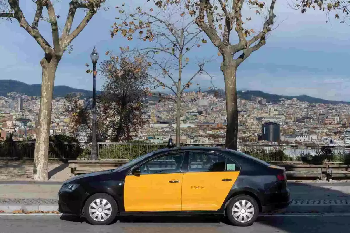Imatge d'un taxi amb la ciutat de Barcelona de fons
