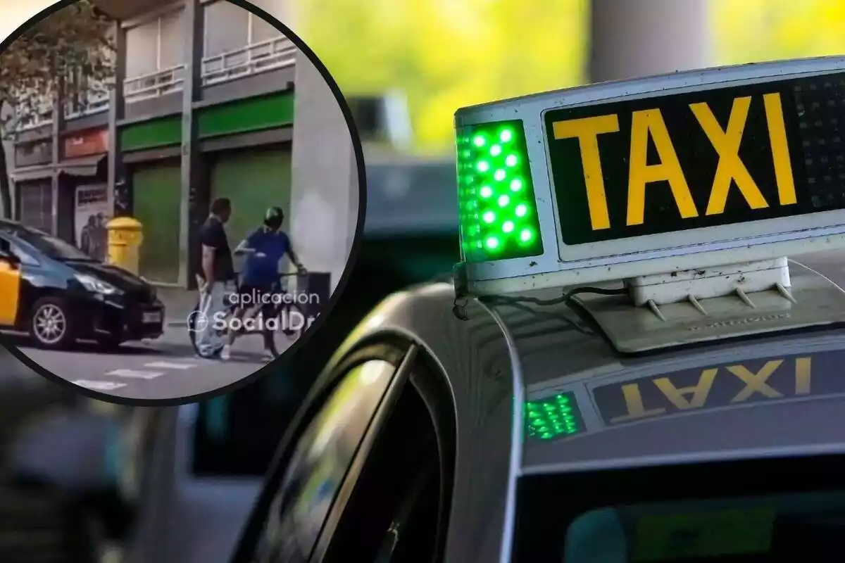 Fotomuntatge de taxi amb llum verda i captura de baralla a Barcelona entre un taxista i un ciclista