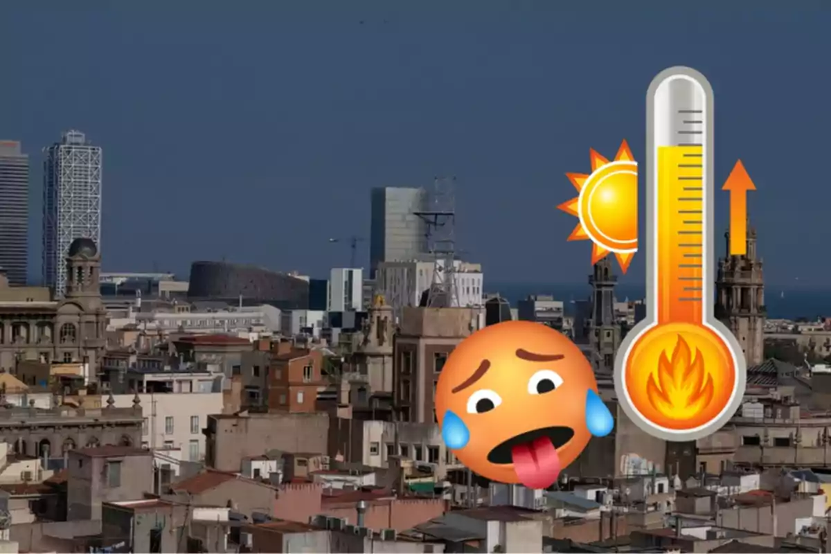 Vista d'una ciutat amb emojis que representen calor extrema, incloent un termòmetre amb una fletxa cap amunt i un emoji suant amb la llengua fora. Vista d'una ciutat amb emojis que representen calor extrema, incloent un termòmetre amb una fletxa cap amunt i un emoji suant amb la llengua fora.