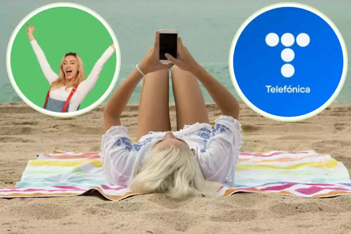 Persona estirada a la platja usant un telèfon mòbil, amb dos cercles superposats que mostren una dona feliç i el logotip de Telefónica.