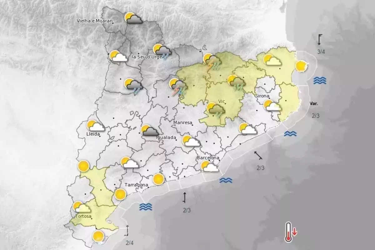 Imatge del mapa meteorològic a Catalunya de la tarda del 26 de juny de 2023