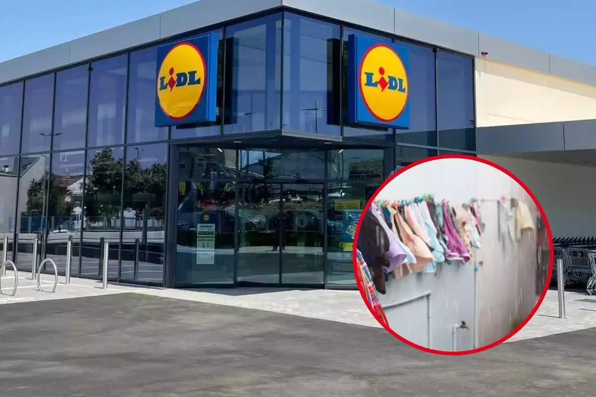 Roba estesa sota la pluja en un cercle vermell sobre fons d'exterior de Lidl