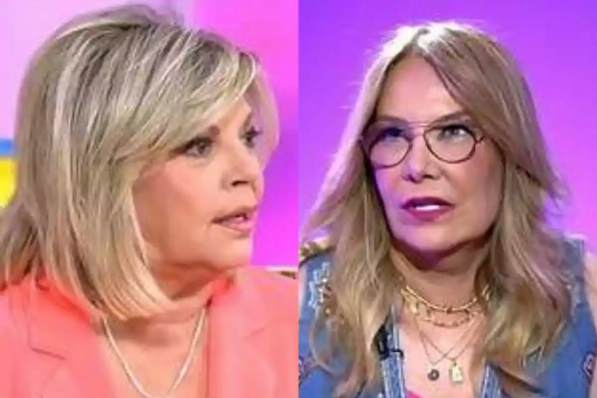Terelu Campos i Belén Rodríguez conversant en un programa de televisió amb un fons de colors brillants a Tardear. Terelu Campos i Belén Rodríguez conversant en un programa de televisió amb un fons de colors brillants a Tardear.