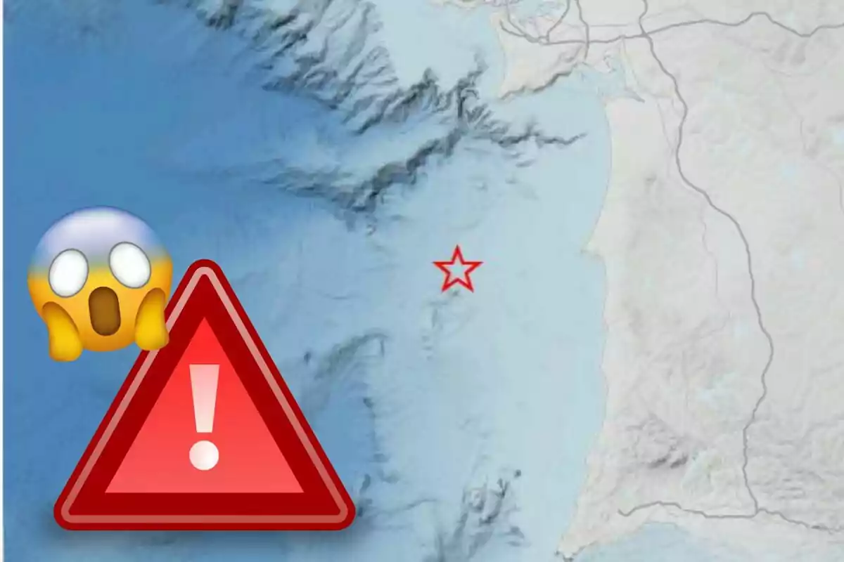 Mapa con una estrella roja en el océano y un ícono de advertencia junto a un emoji de cara sorprendida. Mapa con una estrella roja en el océano y un ícono de advertencia junto a un emoji de cara sorprendida.