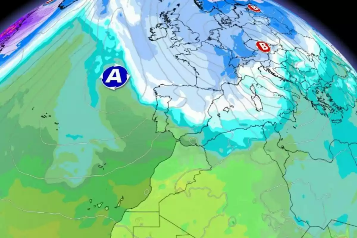 Mapa meteorológico de Europa y el norte de África con áreas de alta y baja presión indicadas por las letras A y B.