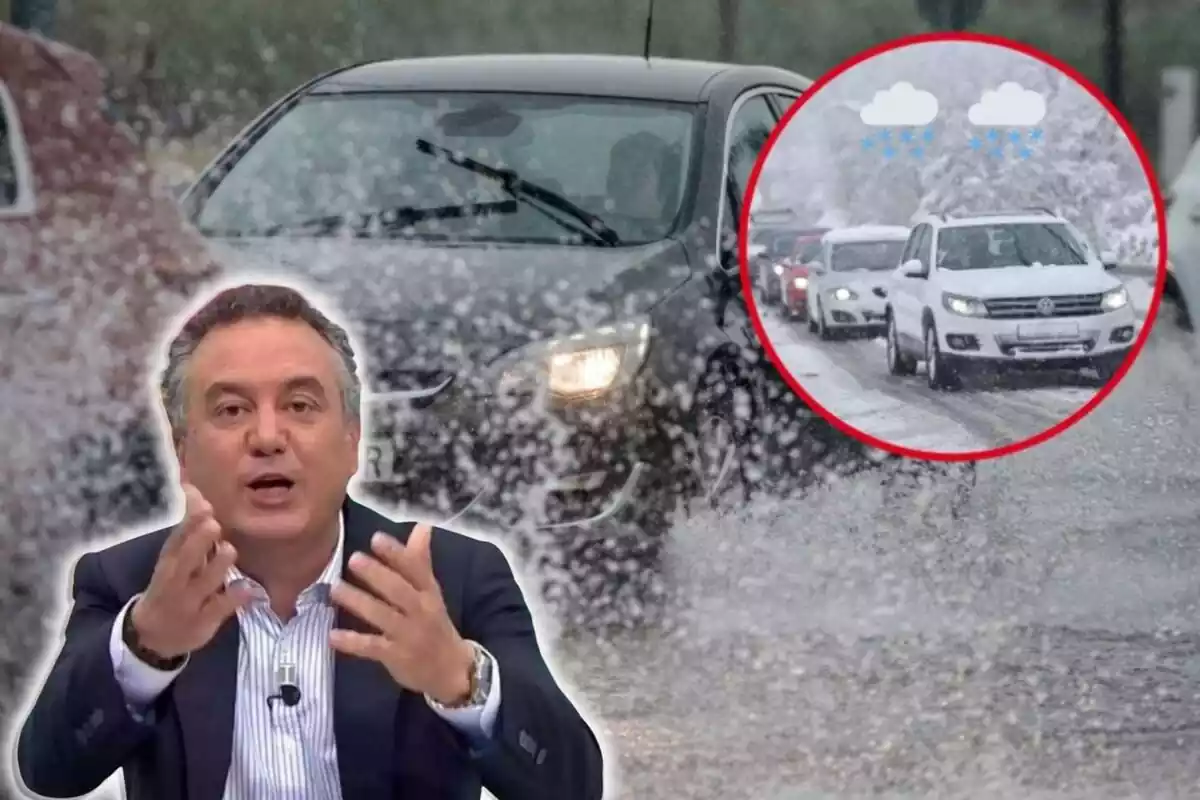 Un cotxe circula per una carretera mullada sota la pluja, amb Roberto Brasero a l'esquerra, i al cercle, cotxes sobre la neu