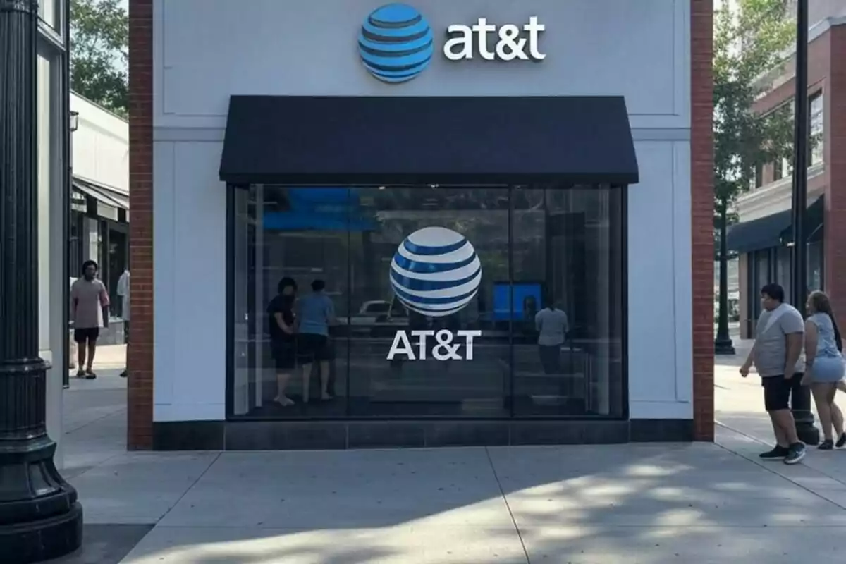 Fachada de una tienda de AT&T con personas caminando por la acera. Fachada de una tienda de AT&T con personas caminando por la acera.