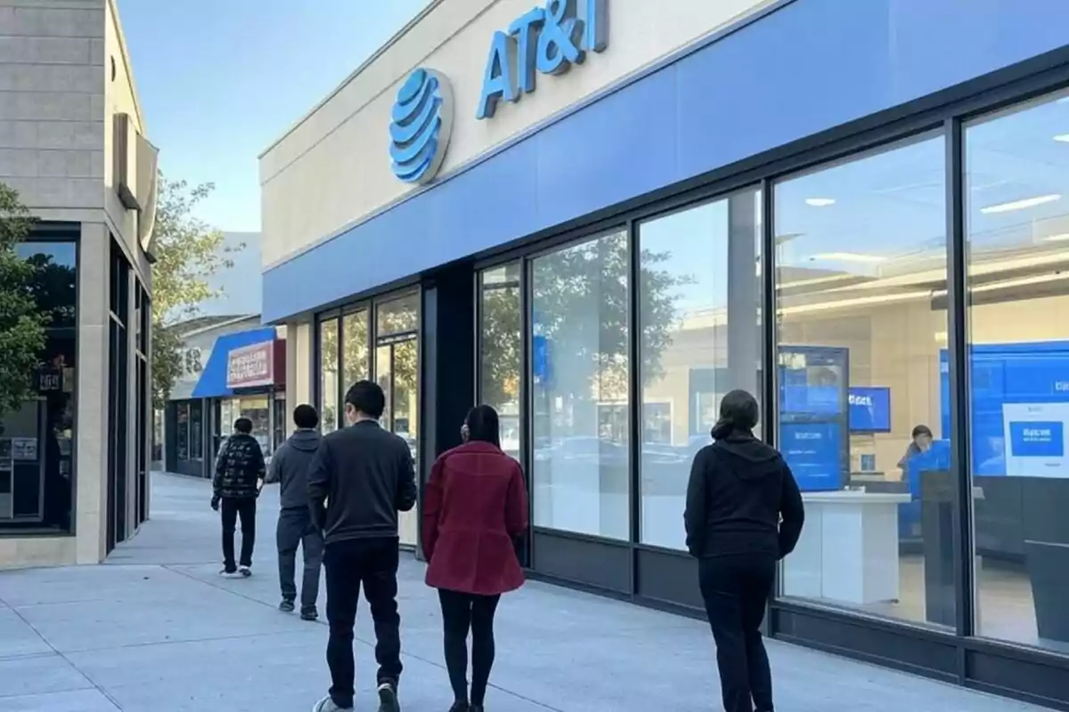 Diverses persones caminen per la vorera davant d'una botiga d'AT&T amb grans finestrals i un rètol blau. Diverses persones caminen per la vorera davant d'una botiga d'AT&T amb grans finestrals i un rètol blau.
