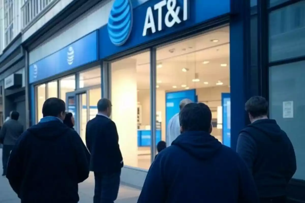 Personas haciendo fila afuera de una tienda de AT&T. Personas haciendo fila afuera de una tienda de AT&T.