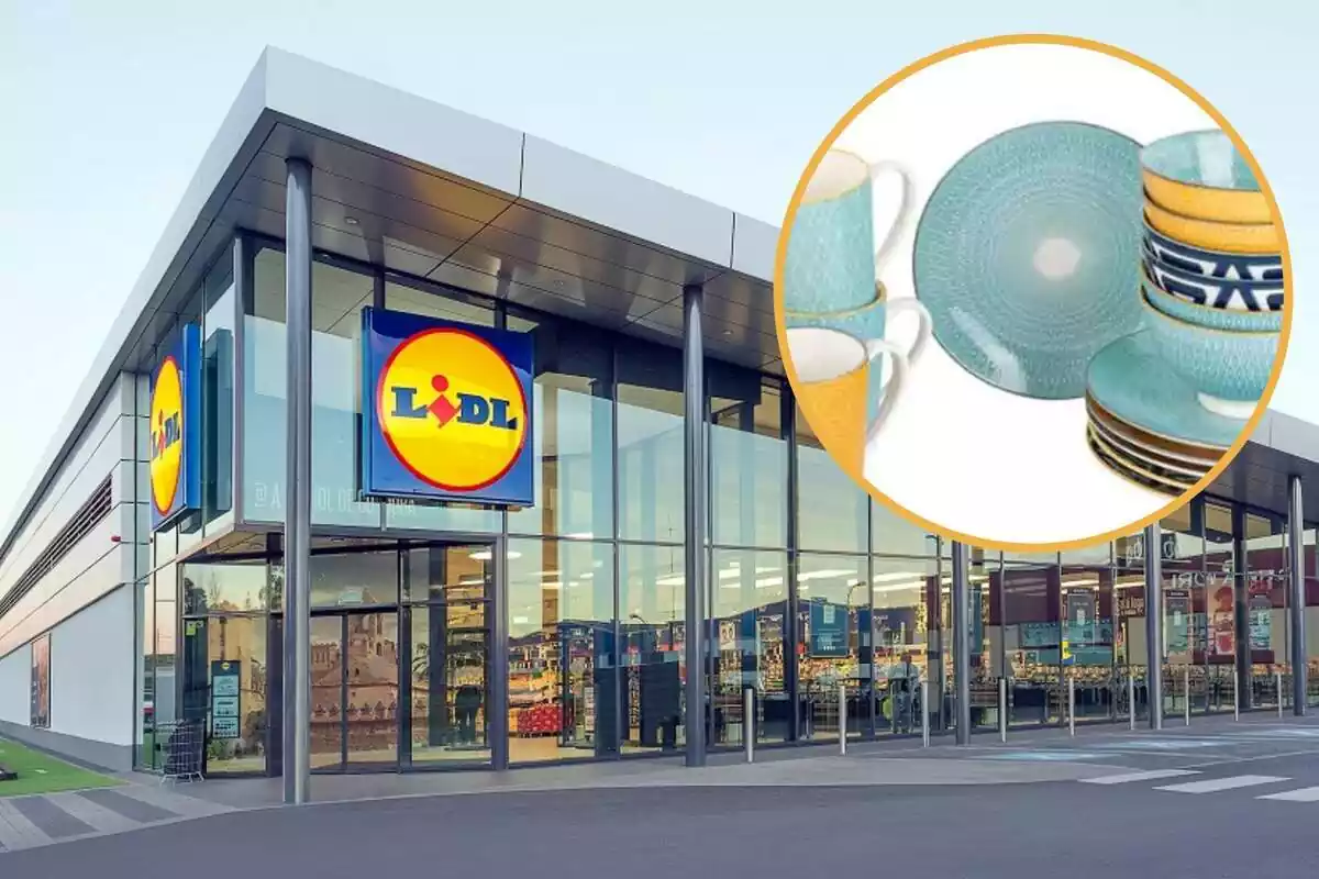 Muntatge amb l´exterior d´una botiga de Lidl i un cercle amb el set de vaixella de porcellana que ven