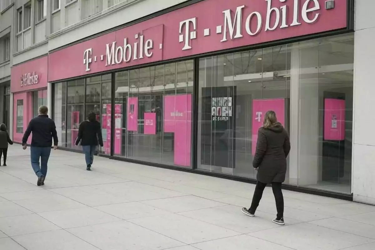 Personas caminando frente a una tienda de telefonía móvil con fachada rosa.